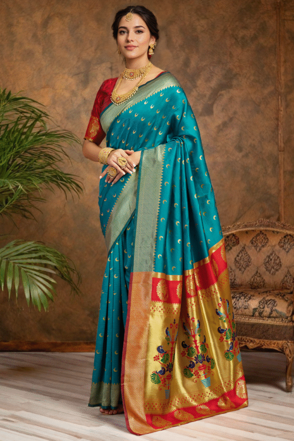 Traditional Firoji Chand Design Paithani Silk Saree With Zari Weaving Work