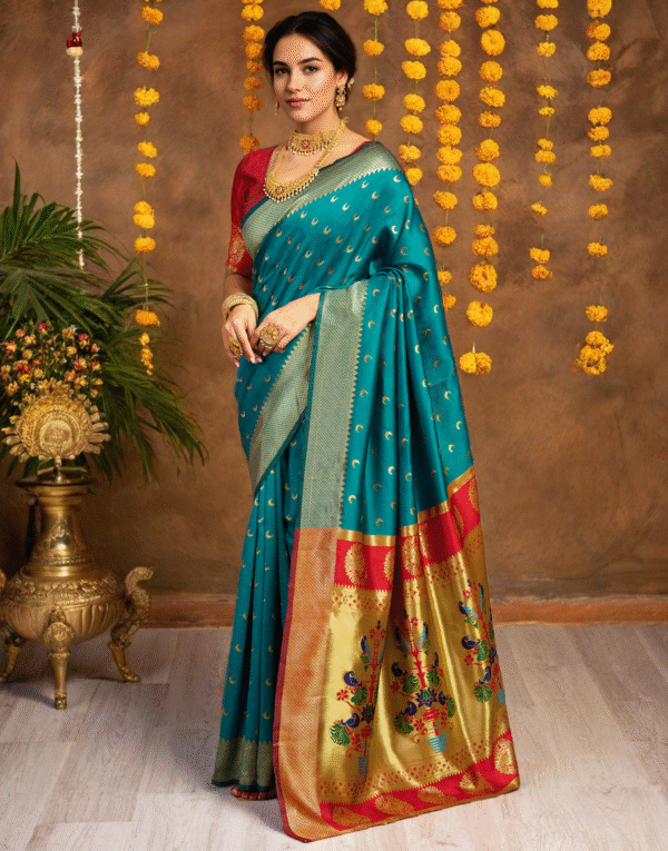 Traditional Firoji Chand Design Paithani Silk Saree With Zari Weaving Work - Image 3