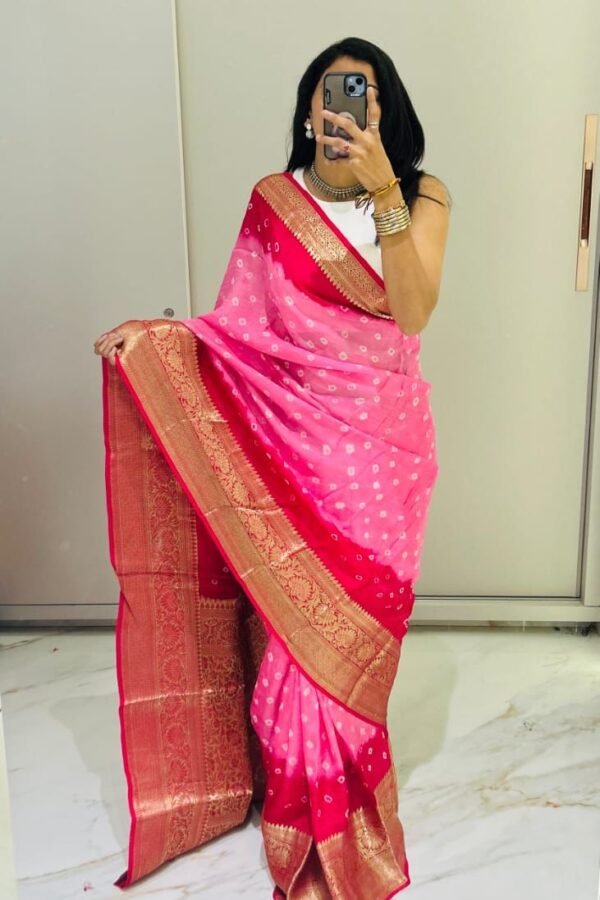 Multi Hand Bandhej Bandhani Saree With Zari Border