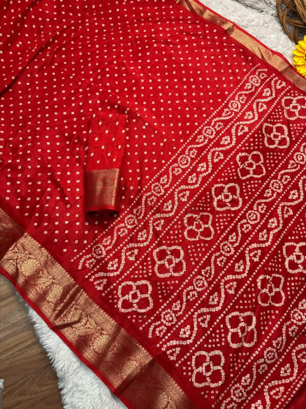 Red Dola Silk Bandhej Saree With Zari Border - Image 2