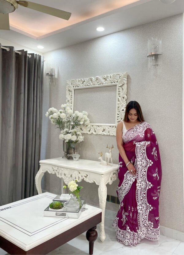 Magenta Color Organza Silk Saree With Embroidery Work - Image 4