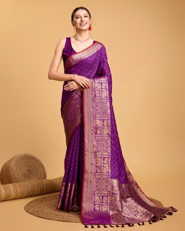Purple Color Banarasi Silk Saree With Zari Weaving Work