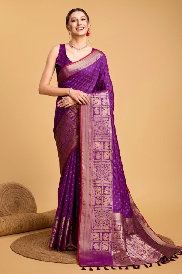 Purple Color Banarasi Silk Saree With Zari Weaving Work