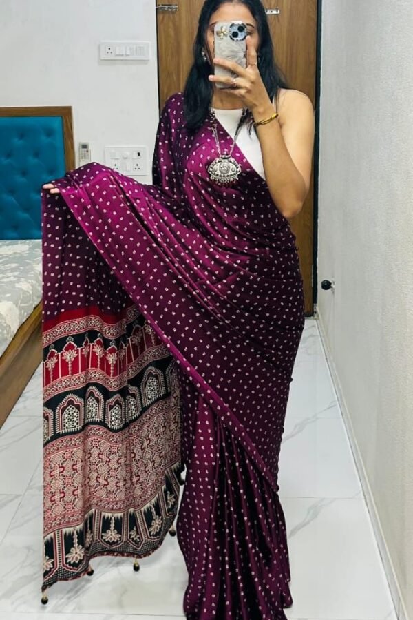 Magenta Fancy Crepe Silk Saree With Ajrakh Printed Pallu