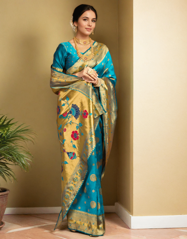 Firoji Paithani Silk Saree With Zari Weaving Work - Image 3