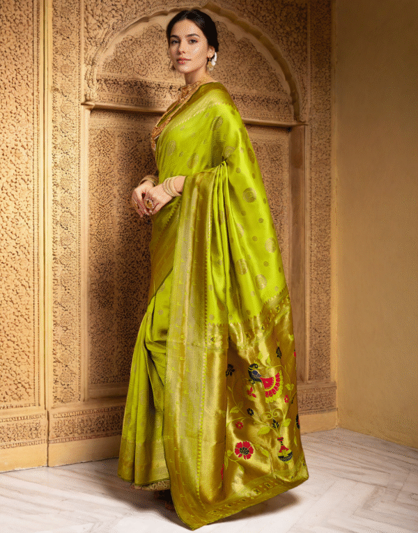 Parrot Green Paithani Silk Saree With Zari Weaving Work - Image 2