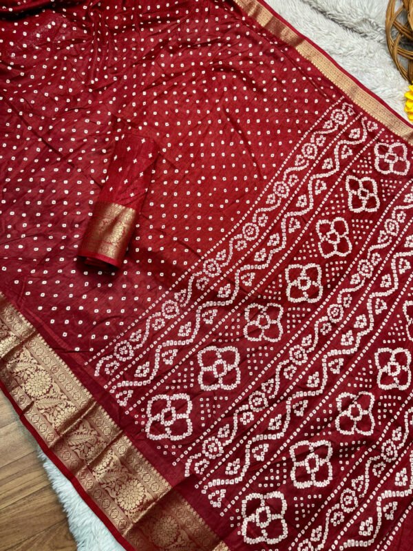 Maroon Dola Silk Bandhej Saree With Zari Border