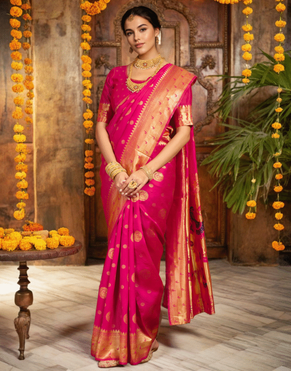 Pink Paithani Silk Saree With Zari Weaving Work - Image 3