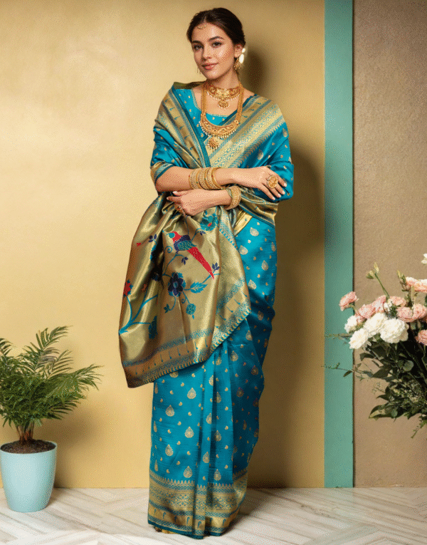 Firoji Paithani Silk Saree With Zari Weaving Work - Image 2