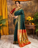 Traditional Dark Green Chand Design Paithani Silk Saree With Zari Weaving Work