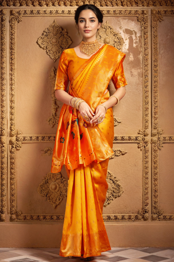 Traditional Orange Paithani Silk Saree With Zari Weaving Work