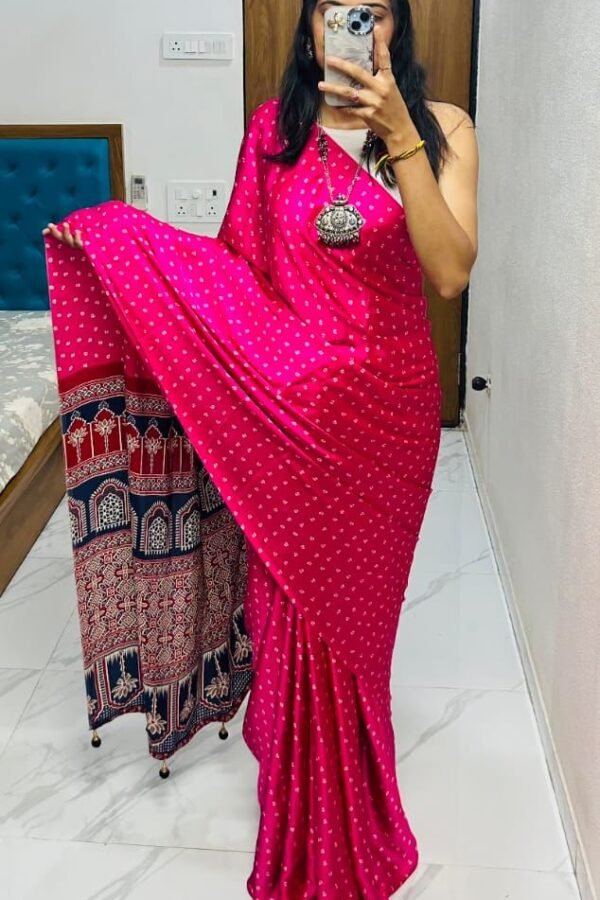Pink Fancy Crepe Silk Saree With Ajrakh Printed Pallu