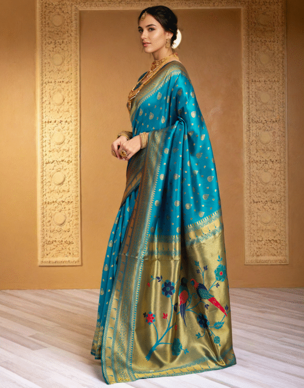 Firoji Paithani Silk Saree With Zari Weaving Work - Image 3