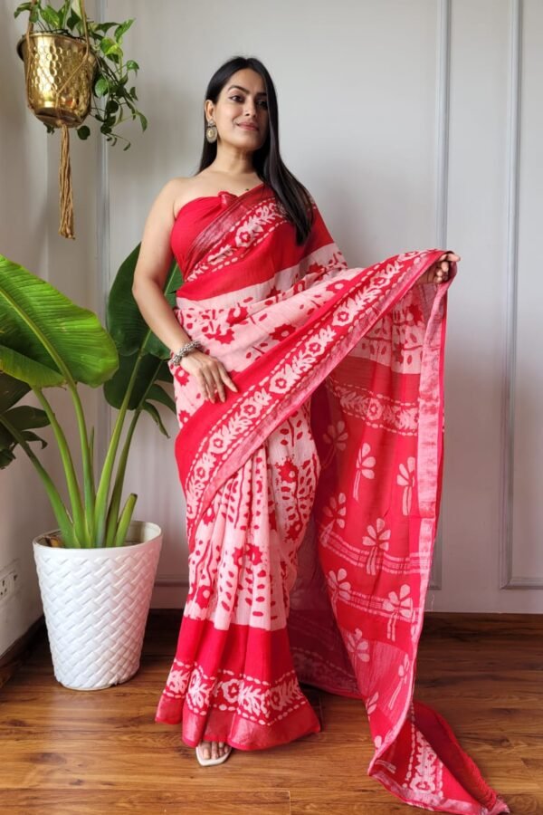 Gajari Mix Linen Cotton Saree With Batik Printed Work