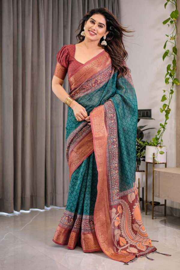 Multi Kalamkari Digital Printed Linen Cotton Saree