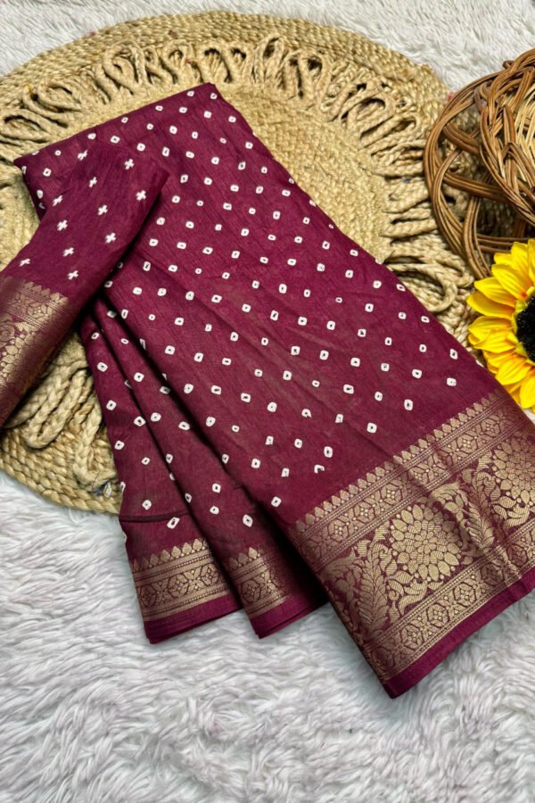 Magenta Dola Silk Bandhej Saree With Zari Border
