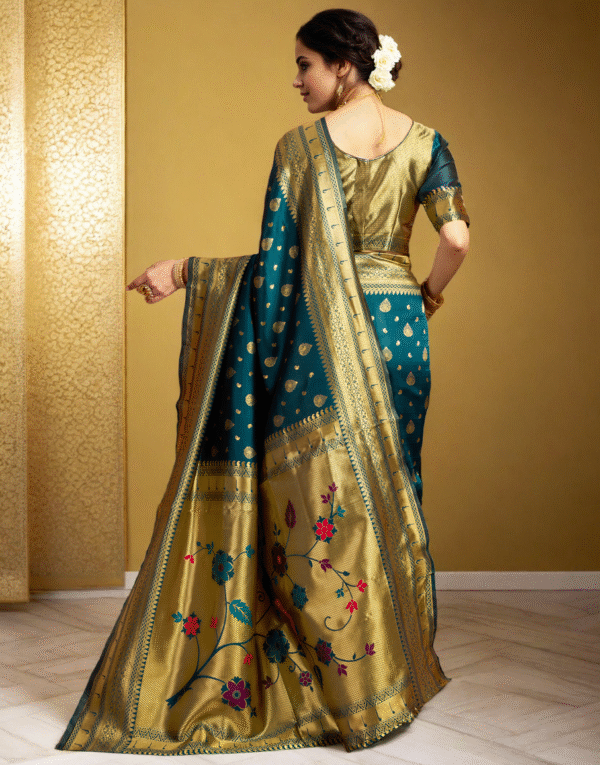 Teal Green Paithani Silk Saree With Zari Weaving Work - Image 4