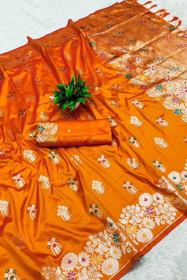 Orange Premium Banarasi Silk Saree With Meenakari Zari Weaving Work