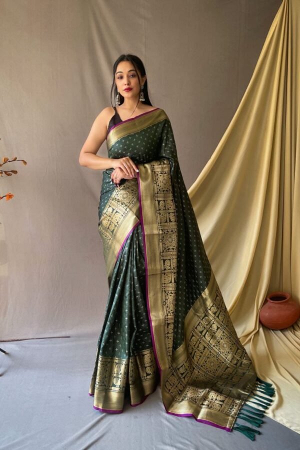 Bottle Green Color Banarasi Silk Saree With Zari Weaving Work