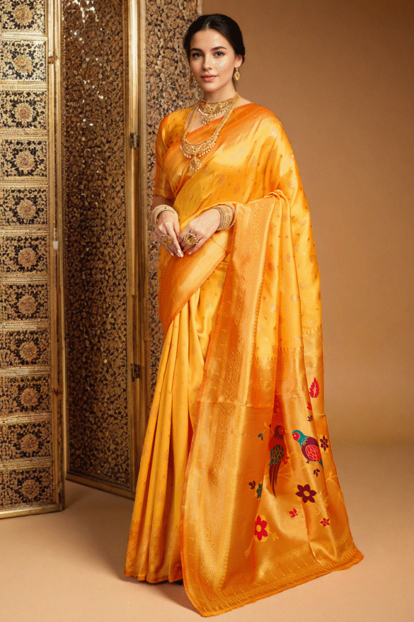 Yellow Paithani Silk Saree With Zari Weaving Work