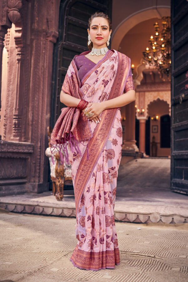 Pink Color Soft Organza Silk Saree With Zari Weaving Work