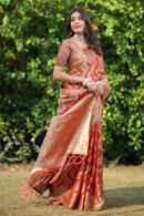 Orange Color Organza Silk Saree With Zari Weaving Work