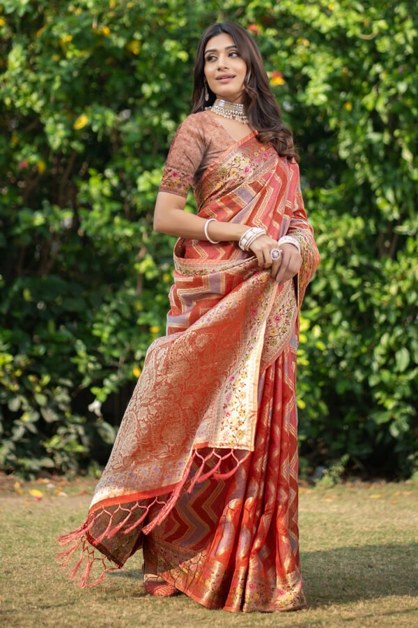 Orange Color Organza Silk Saree With Zari Weaving Work - Image 5