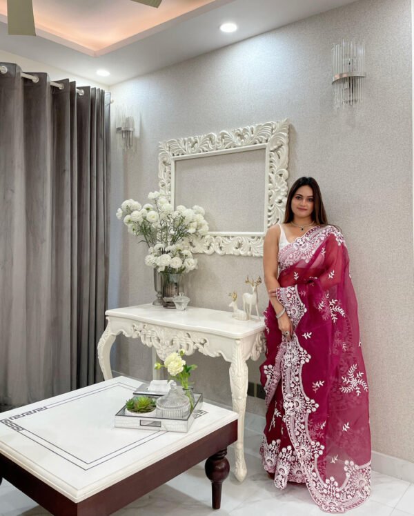 Maroon Color Organza Silk Saree With Embroidery Work - Image 4