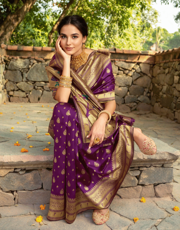 Magenta Paithani Silk Saree With Zari Weaving Work - Image 3