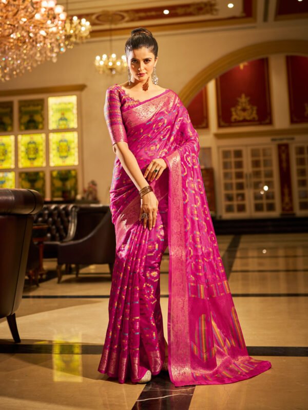 Rani Pink Soft Organza Silk Saree With Zari Weaving Work
