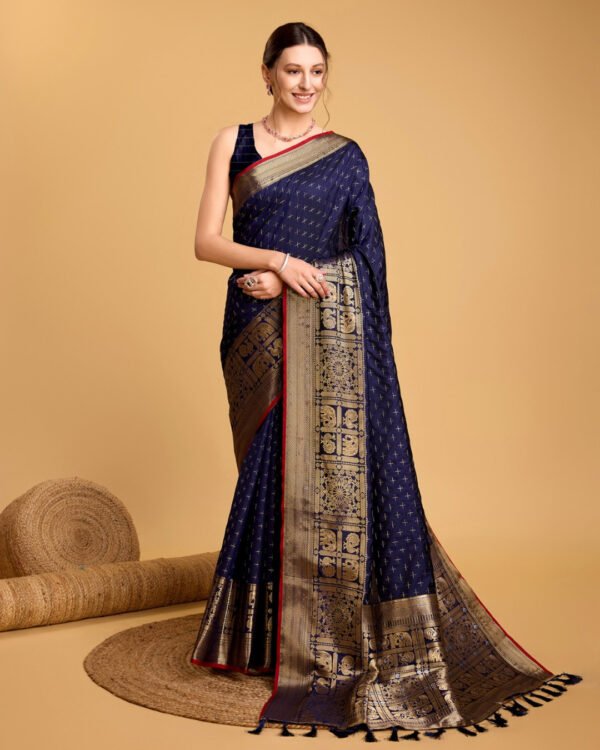 Navy Blue Color Banarasi Silk Saree With Zari Weaving Work - Image 2