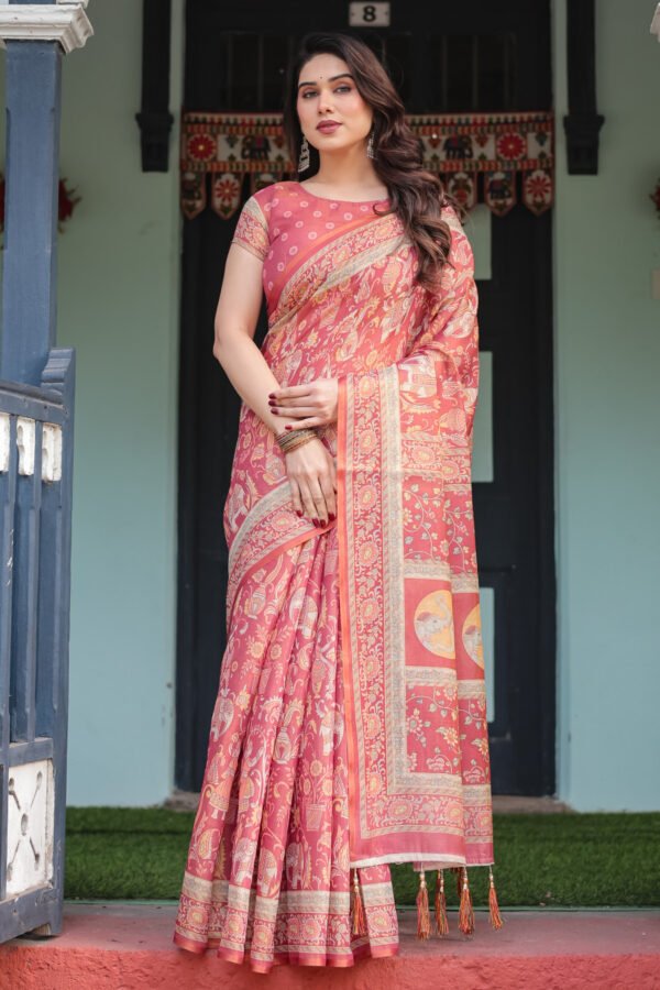 Gajari Kalamkari Digital Printed Linen Cotton Saree