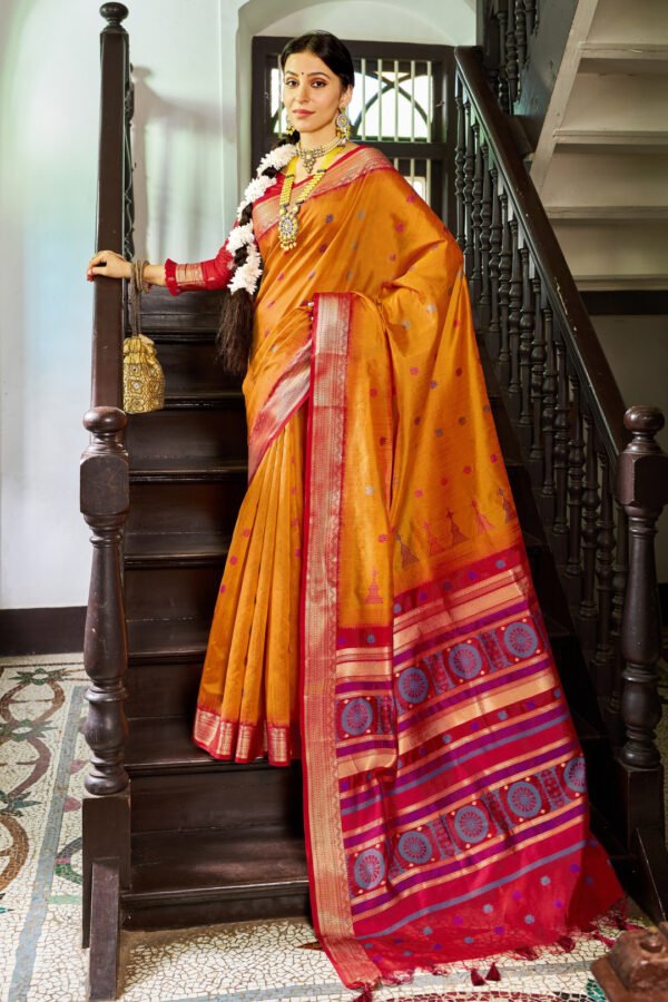 Orange handloom raw silk saree with zari weaving work