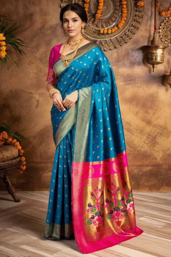 Traditional Morpeach Chand Design Paithani Silk Saree With Zari Weaving Work